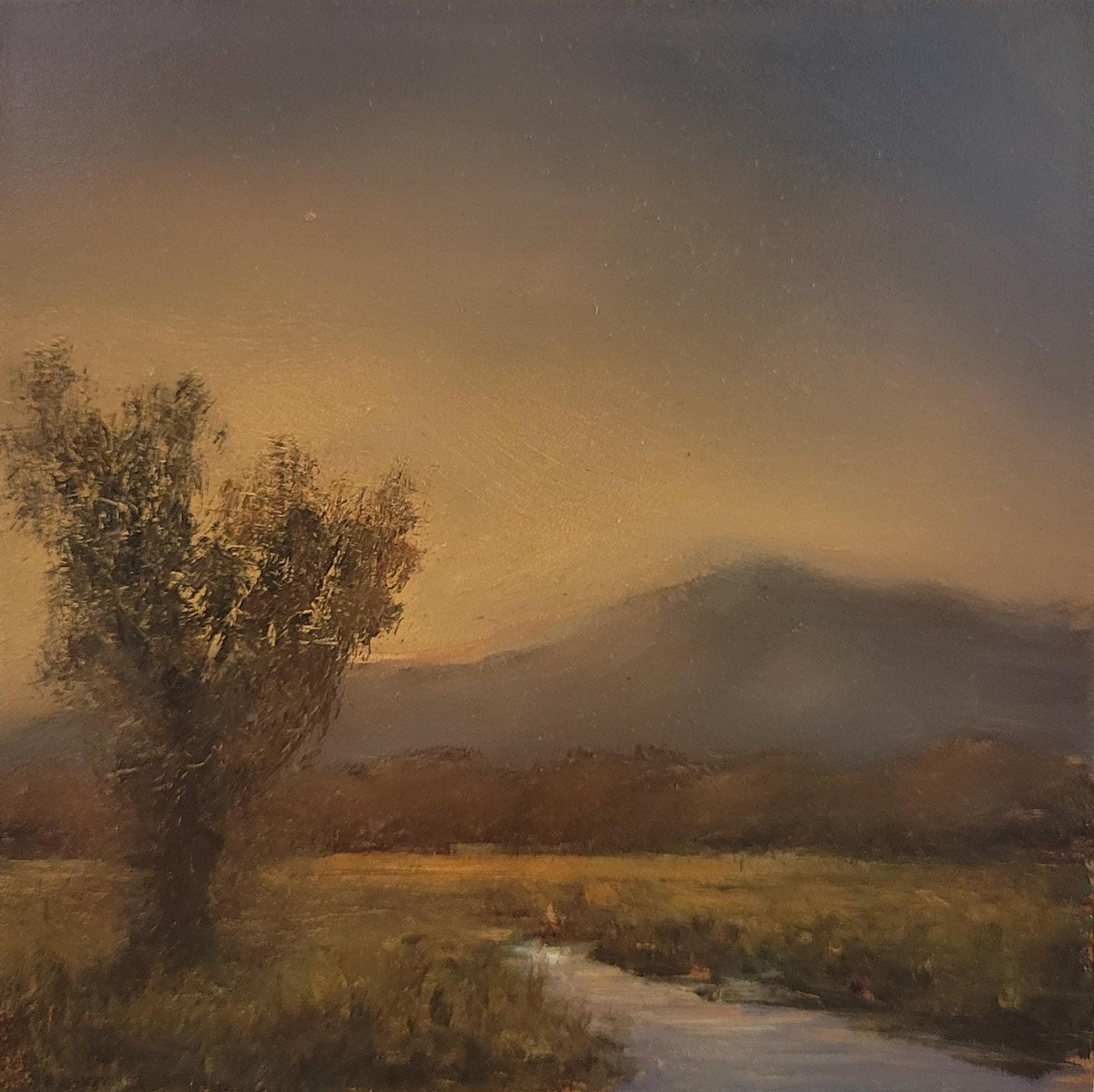 A 12x12 art print depicting a tonalist landscape with a tree in the foreground and mountains in the background during sunset.
