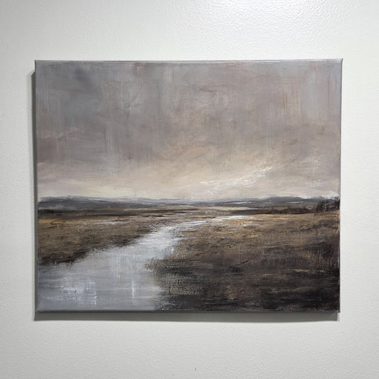 Acrylic landscape painting with a muted palette of grey, brown, and white, showing a river winding through marshy ground under an overcast sky.