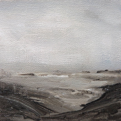 Small, textured abstract landscape painting in neutral tones, featuring a large light sky and dark, low terrain.