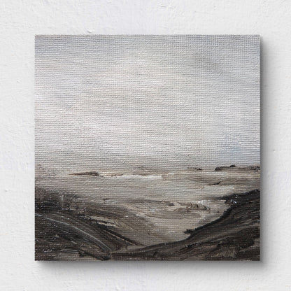 Small, textured abstract landscape painting in neutral tones, featuring a large light sky and dark, low terrain.