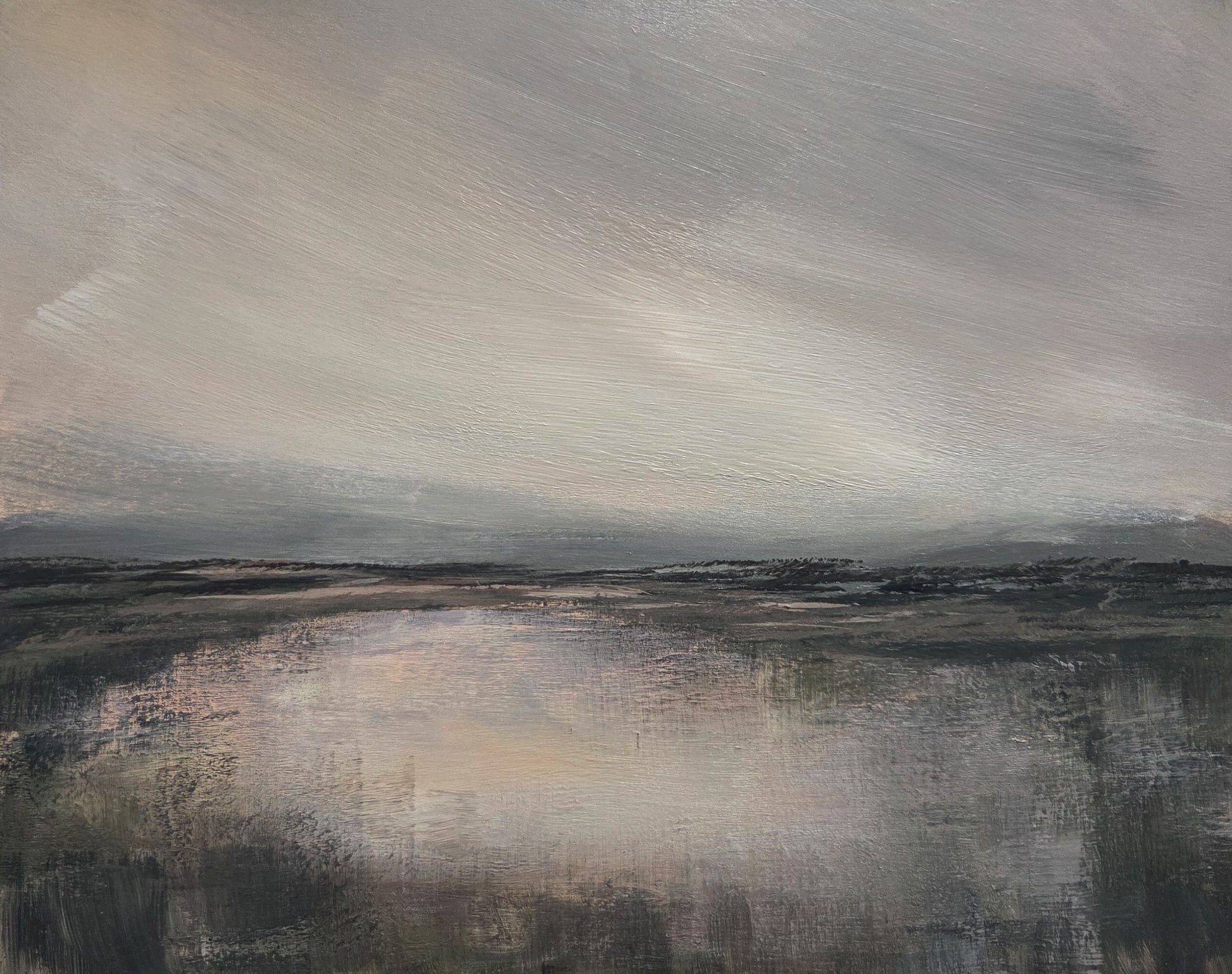Abstract acrylic painting of a misty, wide landscape. The foreground is a reflective, dark plane of water or land, meeting a low, shadowy horizon beneath a vast, textured sky of pale grey and blush.