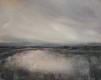 Abstract acrylic painting of a misty, wide landscape. The foreground is a reflective, dark plane of water or land, meeting a low, shadowy horizon beneath a vast, textured sky of pale grey and blush.