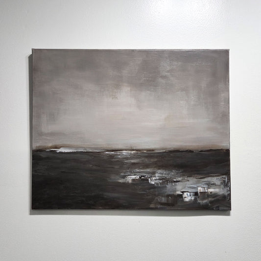 Abstract landscape painting with gray and black tones on a white wall