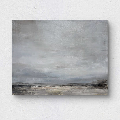Abstract landscape painting with gray and brown tones on a textured white wall.