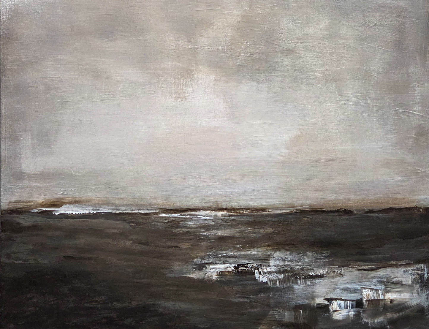 Abstract landscape painting with a gradient of brown and gray tones. Foreground is deep brown with white on the right suggesting water and has a gray sky.