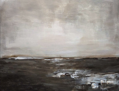 Abstract landscape painting with a gradient of brown and gray tones. Foreground is deep brown with white on the right suggesting water and has a gray sky.