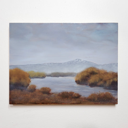 Original oil painting titled 'Mountain Haze' depicting a hazy mountain and river scene, presented on a white background.