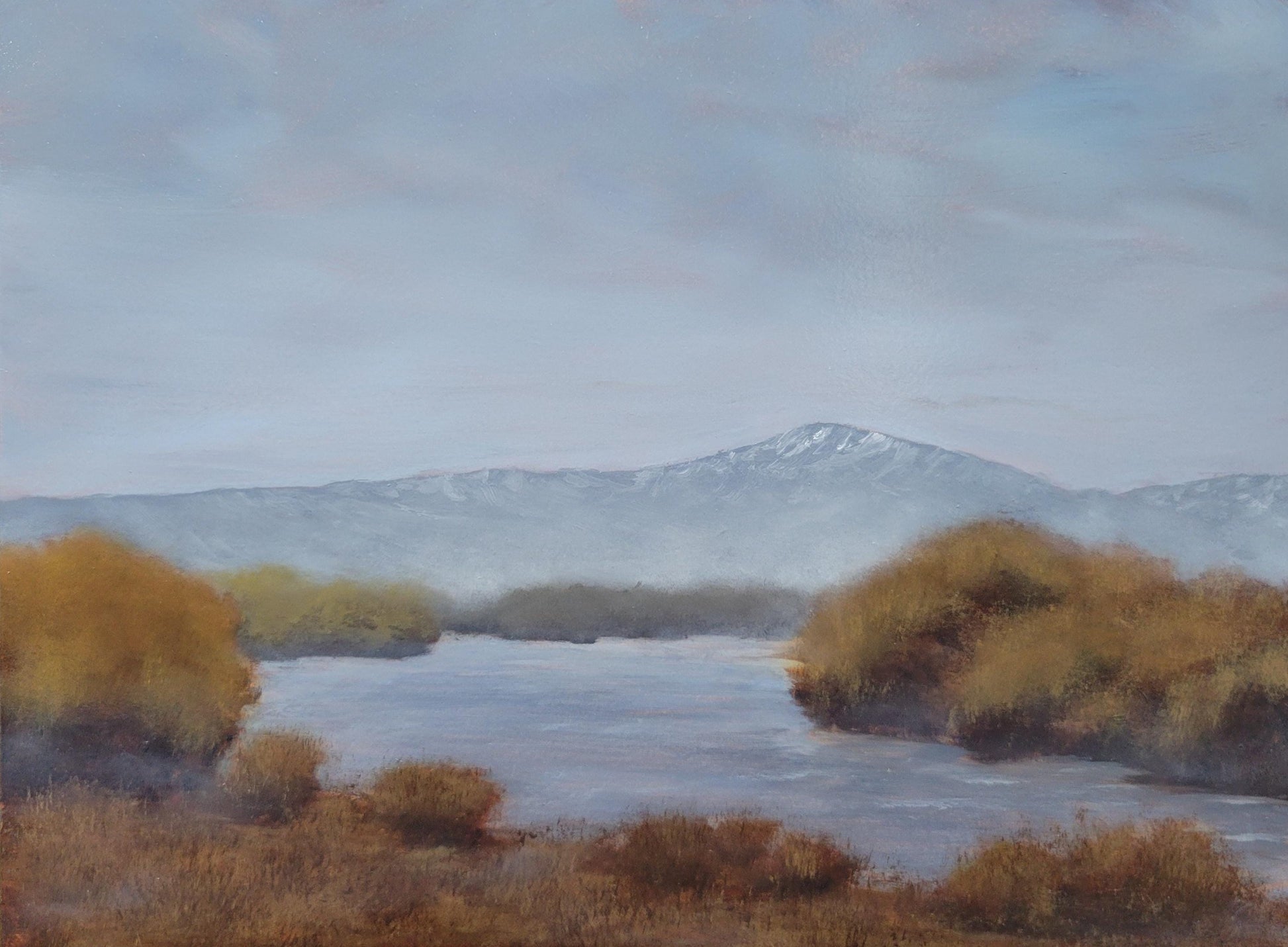 Original oil painting titled 'Mountain Haze' depicting a hazy mountain and river scene with a gloss varnish finish.