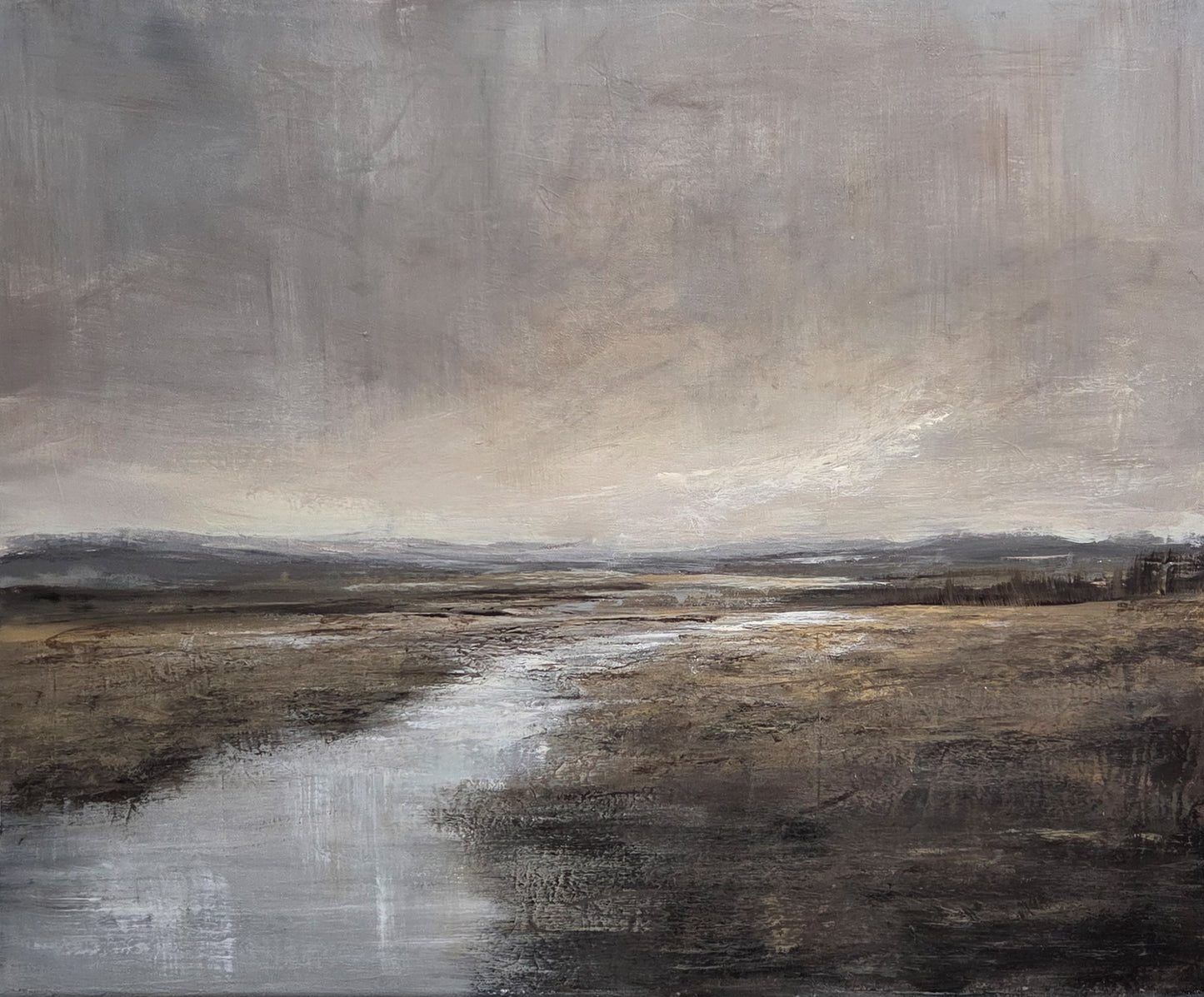 Acrylic landscape painting with a muted palette of grey, brown, and white, showing a river winding through marshy ground under an overcast sky.